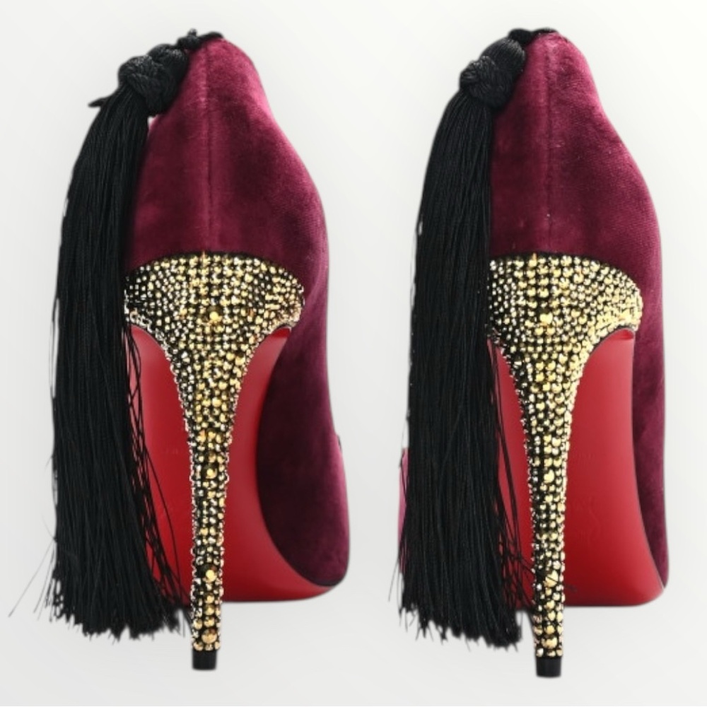 Christian Louboutin Hot Chick Kiss Velvet Burgundy Crystal Heel Pump Tassel Rare - Picture 4 of 13